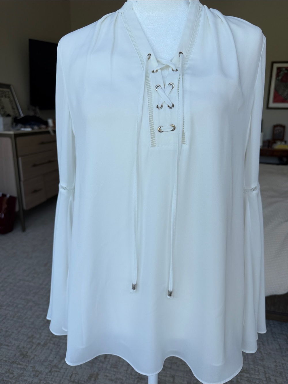 White House Black Market Ivory Lace-Up V-Neck Blouse